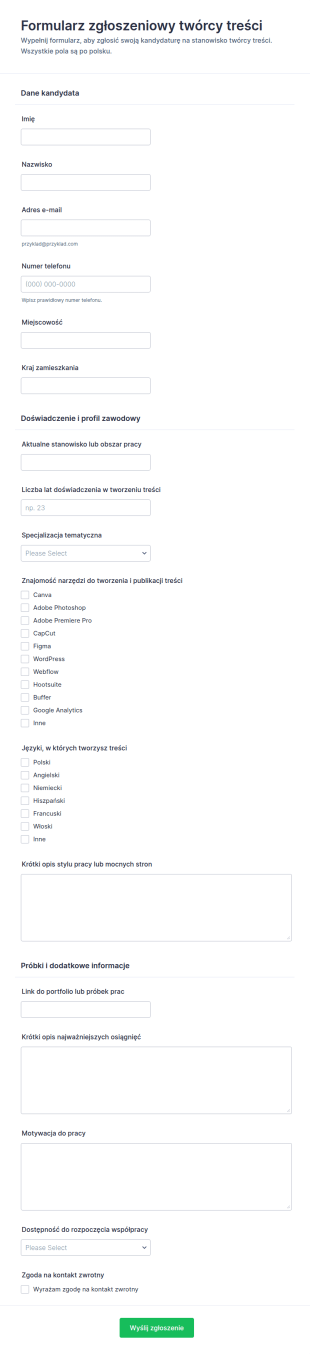 Formularz Aplikacji Twórcy Treści