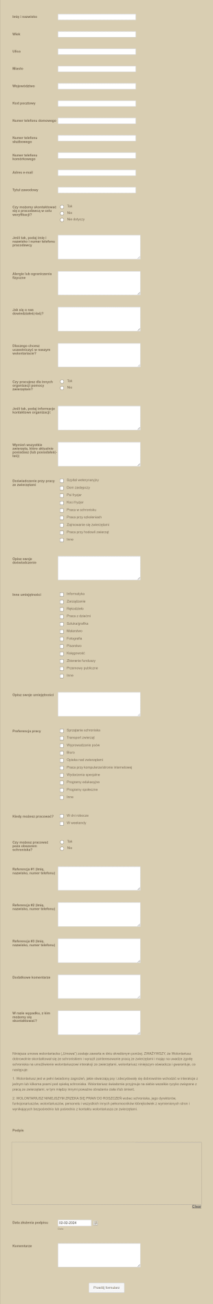 Formularz Aplikacyjny Wolontariatu W Schronisku Form Template