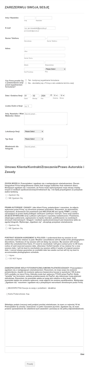 Formularz Bookingu Sesji Fotograficznej