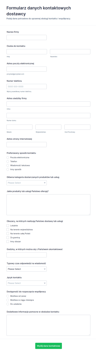 Formularz Danych Kontaktowych Dostawcy