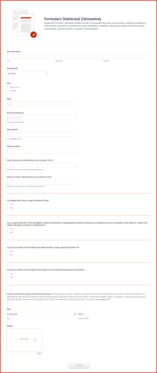 Formularz Deklaracji Zdrowotnej Form Template