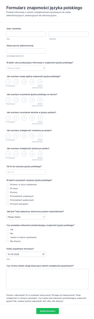 Formularz Do Określenia Poziomu Znajomości Języka