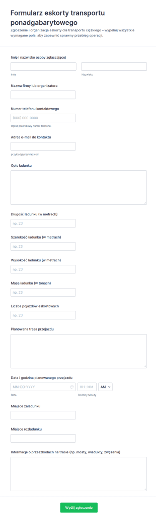 Formularz Eskorty Transportu Ponadgabarytowego