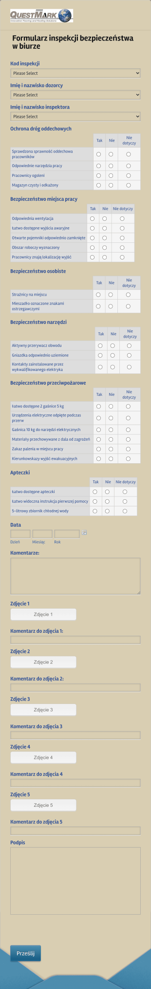 Formularz Inspekcji Bezpieczeństwa Form Template