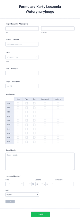 Formularz Karty Leczenia Weterynaryjnego Form Template