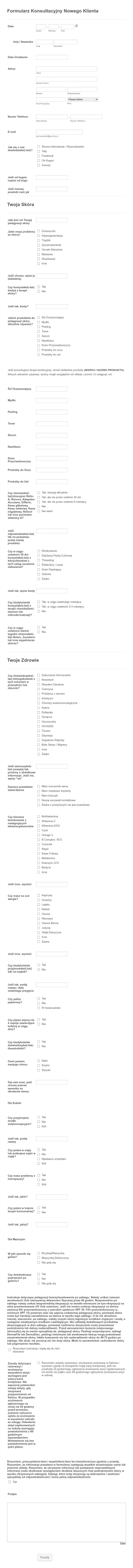 Formularz Konsultacji Pielęgnacji Skóry  Form Template