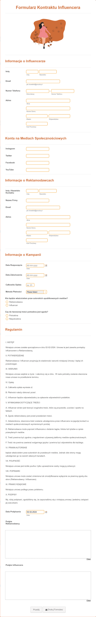 Formularz Kontraktu Influencera Form Template