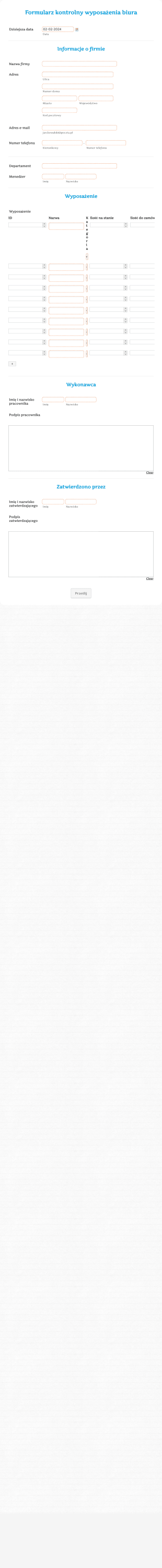 Formularz Kontrolny Wyposażenia Biura