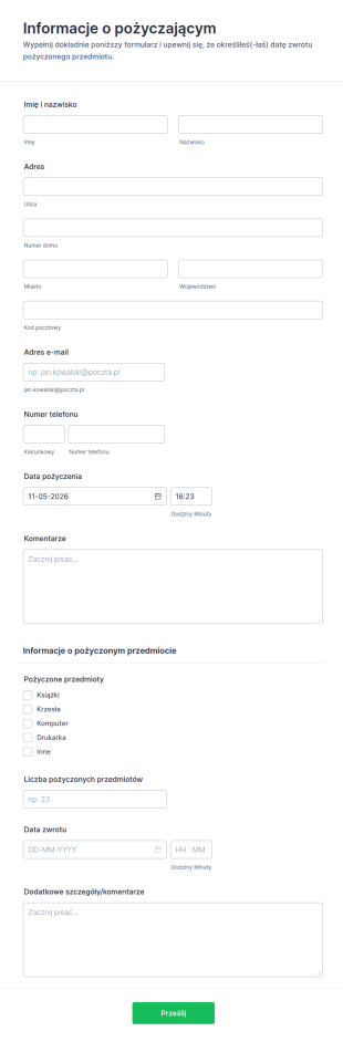 Formularz Śledzenia Pożyczonych Przedmiotów