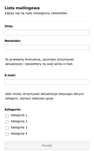 Formularz Listy Mailingowej