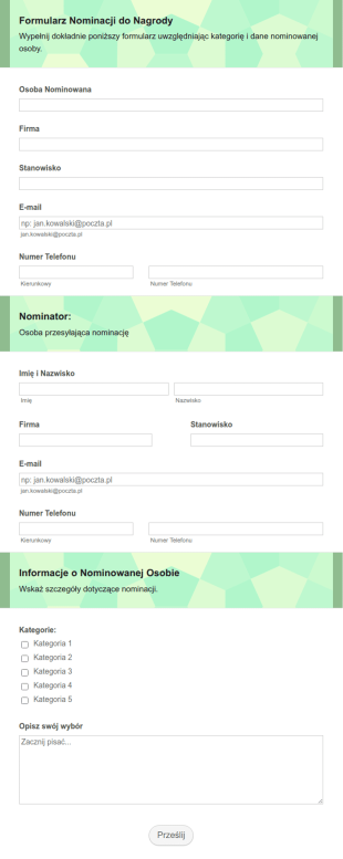 Formularz Nominacji Do Nagrody Organizacji