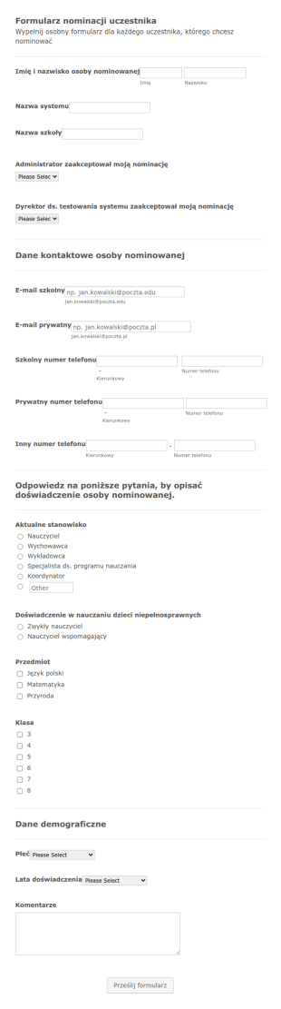 Formularz Nominacji Uczestnika