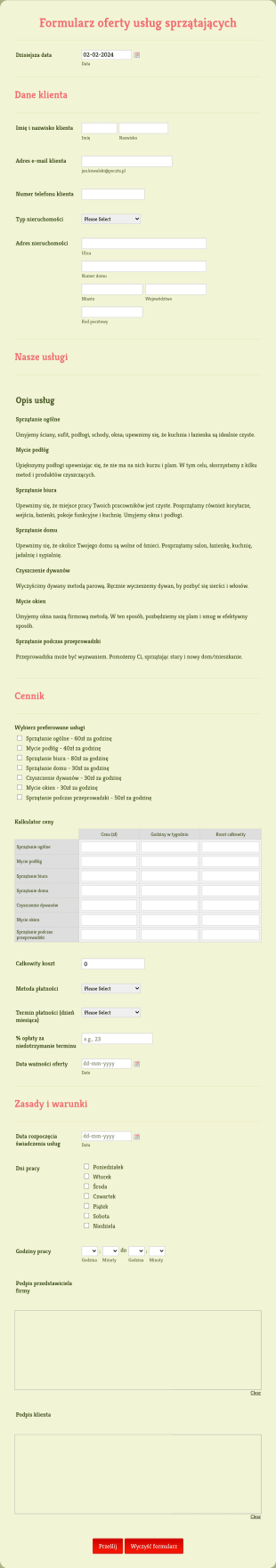 Formularz Oferty Usług Sprzątających Form Template