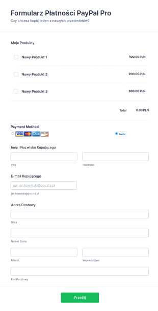 Formularz Płatności PayPal Pro