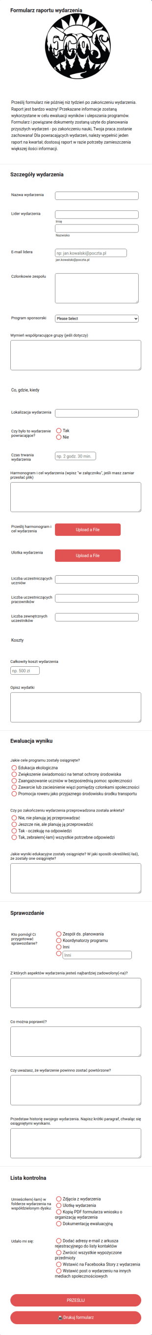 Formularz Raportu Z Wydarzenia Szkolnego