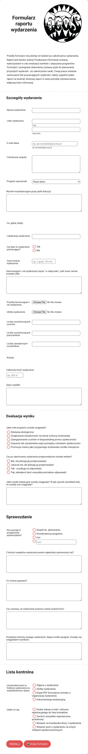 Formularz Raportu Z Wydarzenia Szkolnego Form Template