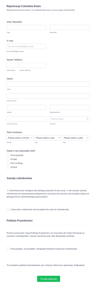 Formularz Rejestracji Członkowskiej Klubu Form Template