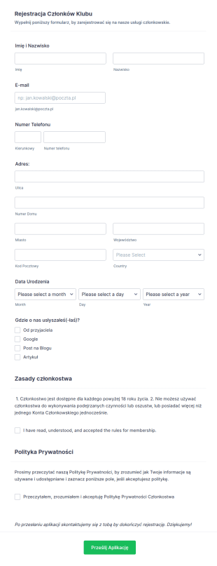 Formularz Rejestracji Członkowskiej Klubu