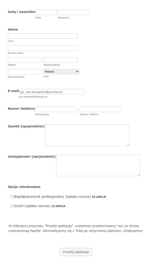 Formularz Rejestracji Członkowskiej PayPal