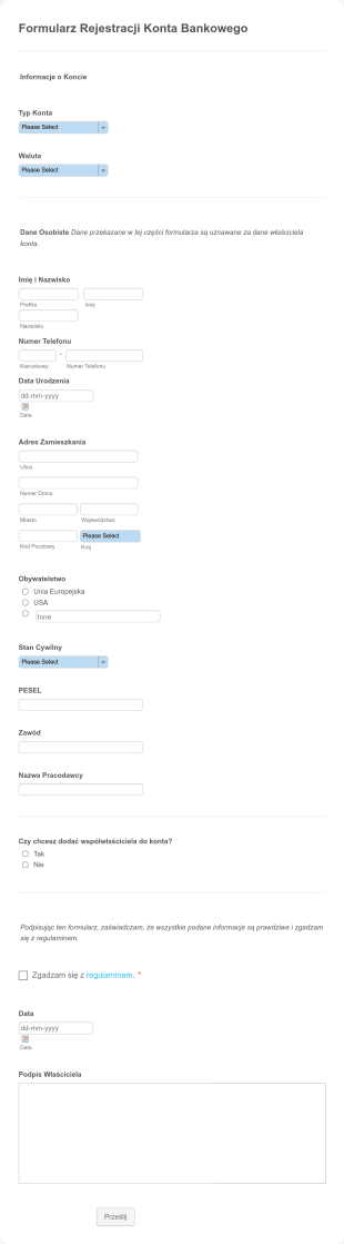 Formularz Rejestracji Konta Bankowego Form Template