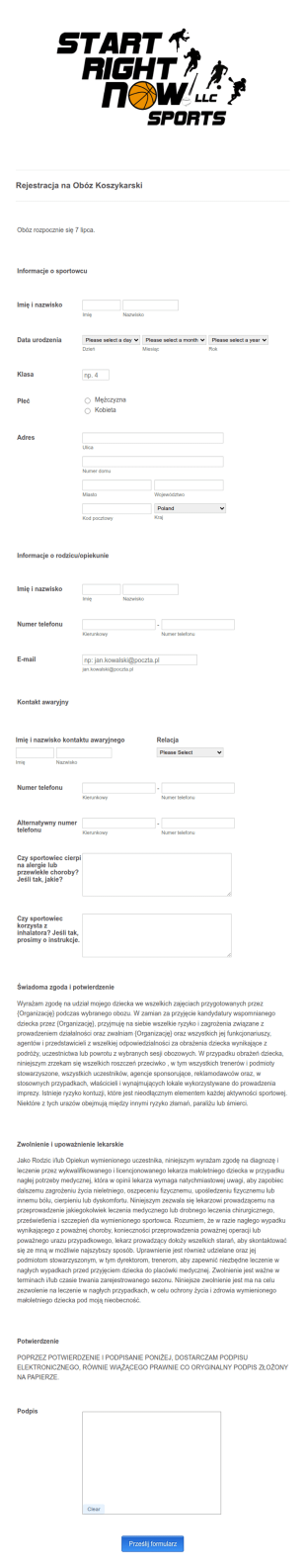 Formularz Rejestracji Na Obóz Koszykarski