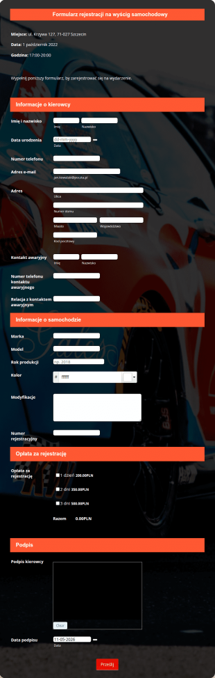 Formularz Rejestracji Na Wyścig Samochodowy
