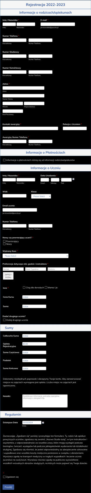 Formularz Rejestracji Uczniów Na Naukę Tańca Form Template