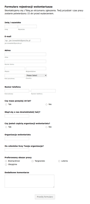 Formularz Rejestracji Wolontariusza