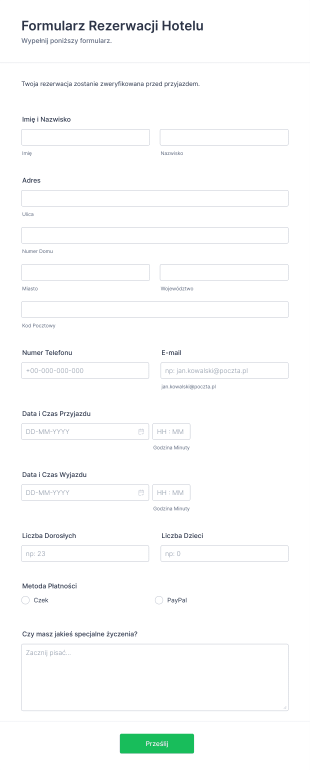 Formularz Rezerwacji Hotelu Form Template