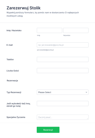 Formularz Rezerwacji Restauracji Form Template