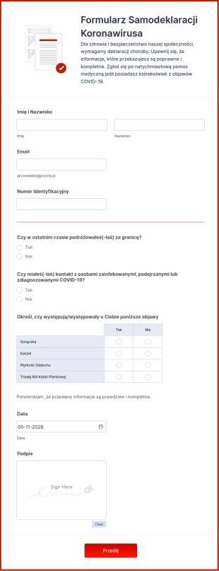 Formularz Samodeklaracji Koronawirusa