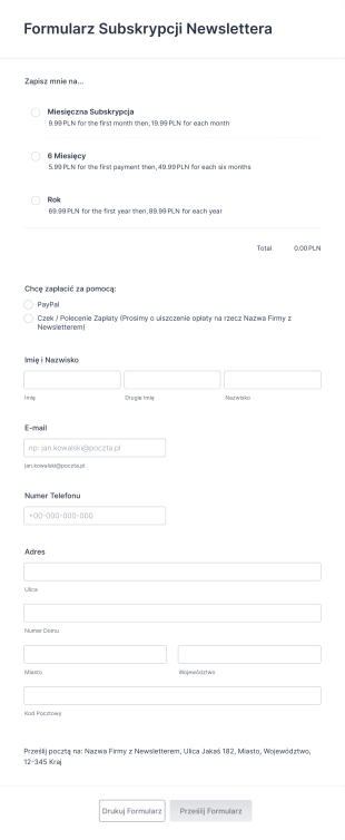 Formularz Subskrypcji Newslettera Form Template