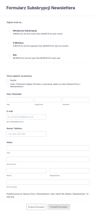 Formularz Subskrypcji Newslettera