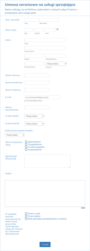 Formularz Umowy Serwisowej Na Usługi Sprzątające Form Template