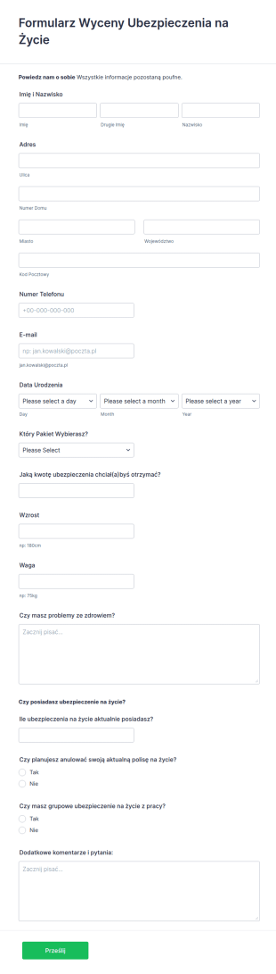 Formularz Wyceny Ubezpieczenia Na Życie