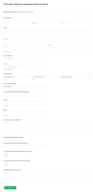 Formularz Wyceny Ubezpieczenia Na Życie Form Template