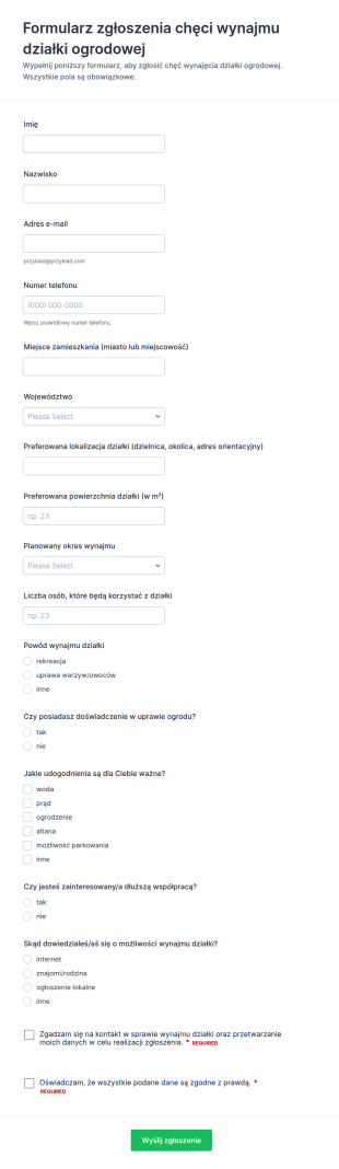 Formularz Wynajmu Działki Ogrodowej
