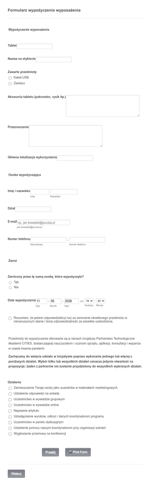 Formularz Wypożyczenia Wyposażenia