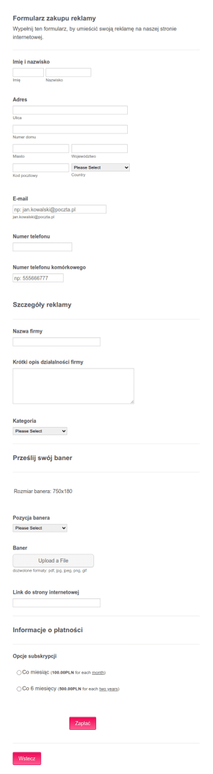 Formularz Zakupu Reklamy Na Stronie Internetowej