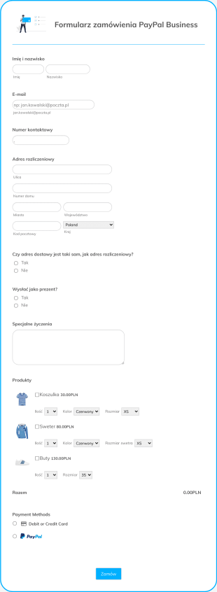 Formularz Zamówienia PayPal Business Form Template