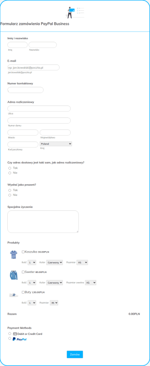 Formularz Zamówienia PayPal Business