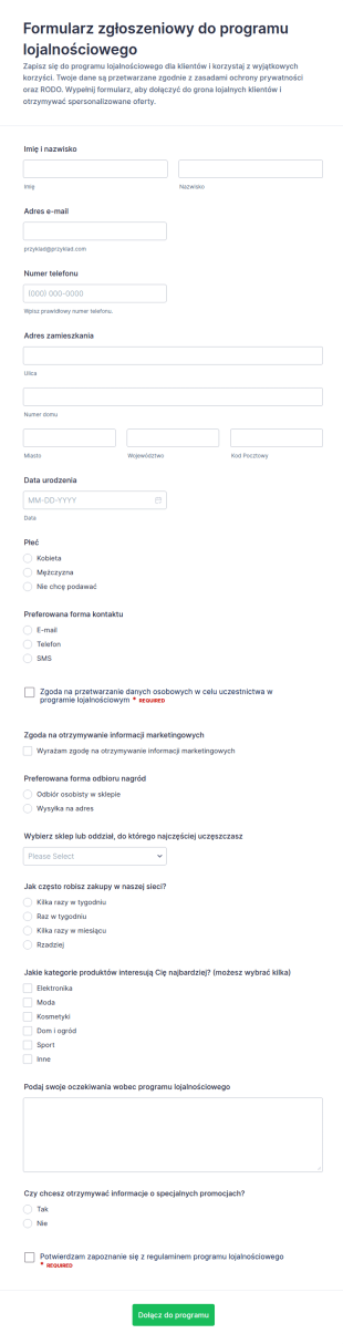 Formularz Zapisu Do Programu Lojalnościowego