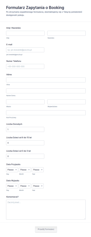 Formularz Zapytania O Booking