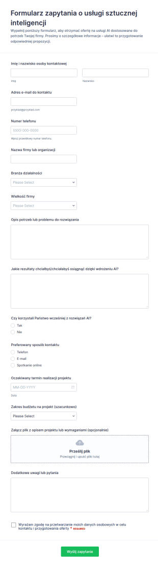 Formularz Zapytania O Usługę Sztucznej Inteligencji