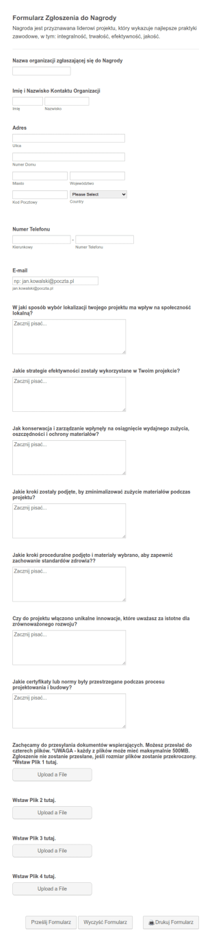 Formularz Zgłoszenia Do Nagrody