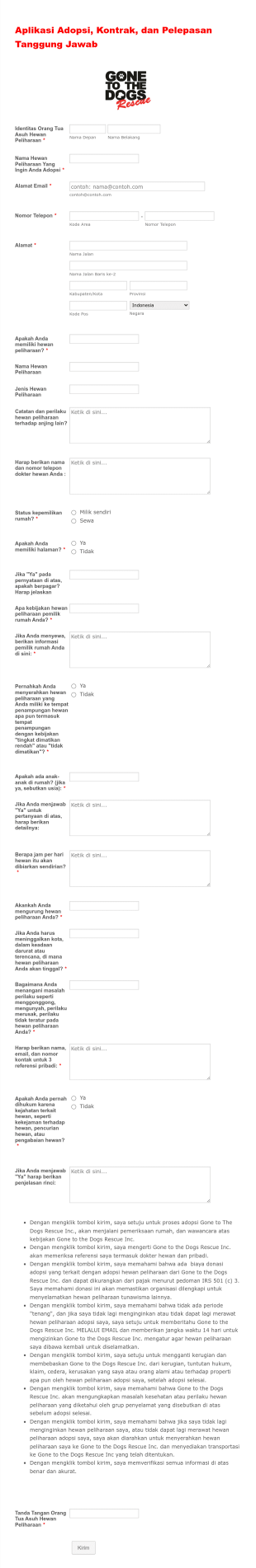 Formulir Aplikasi Adopsi Hewan Peliharaan Form Template