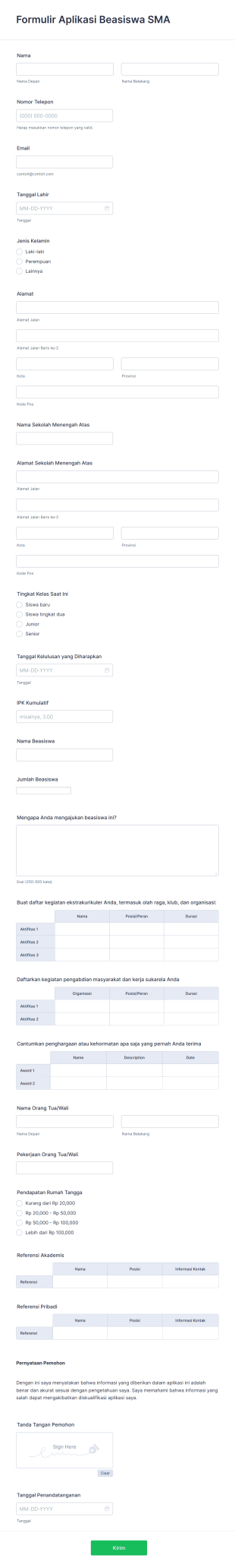 Formulir Aplikasi Beasiswa Sekolah Menengah Atas Form Template