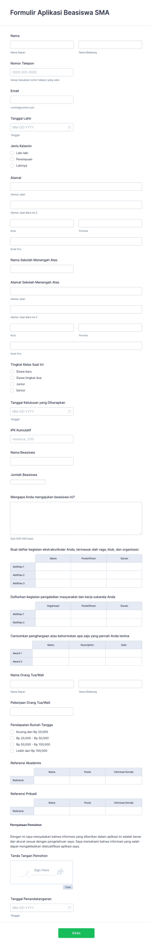 Formulir Aplikasi Beasiswa Sekolah Menengah Atas