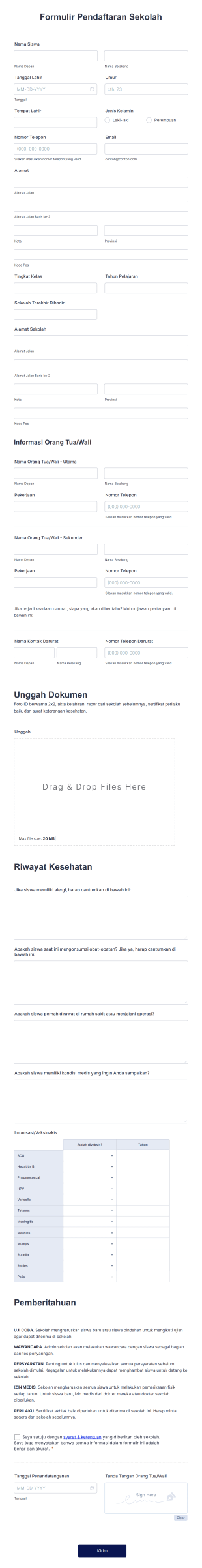 Formulir Aplikasi Pendaftaran Sekolah Form Template