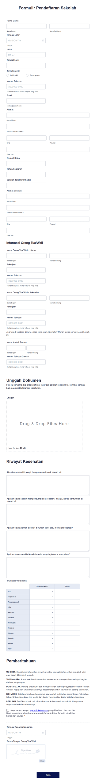 Formulir Aplikasi Pendaftaran Sekolah